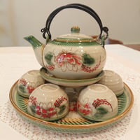 ベトナム バッチャン焼き 茶器セット 芍薬緑の淵