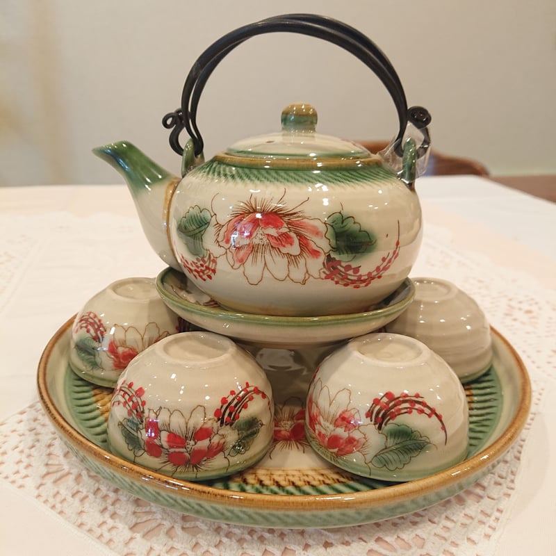 ベトナム バッチャン焼き 茶器セット 芍薬緑の淵 | Ethnic Tea Salon