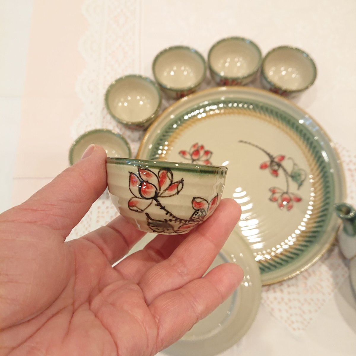 ベトナム バッチャン焼き 茶器セット 蓮の花 緑の淵 | Ethnic Tea Salon