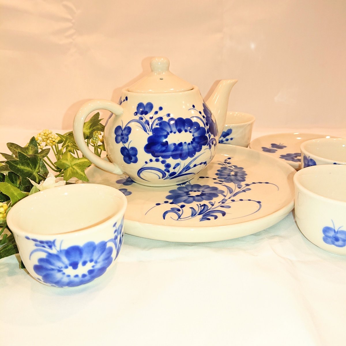 ベトナム バッチャン焼き 茶器セット ベトナムの花 青色 | Ethnic Tea