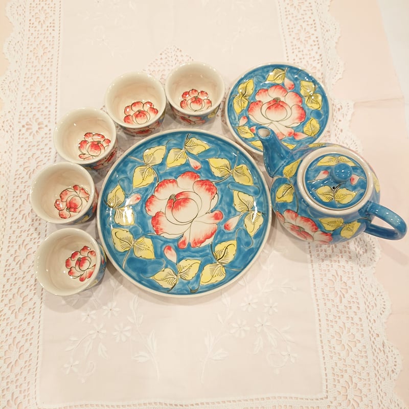 ベトナム バッチャン焼き 茶器セット 芙蓉 青色 | Ethnic Tea Salon ベトナム バッチャン焼き 茶器セット 芙蓉 青色 | Ethnic Tea Salon