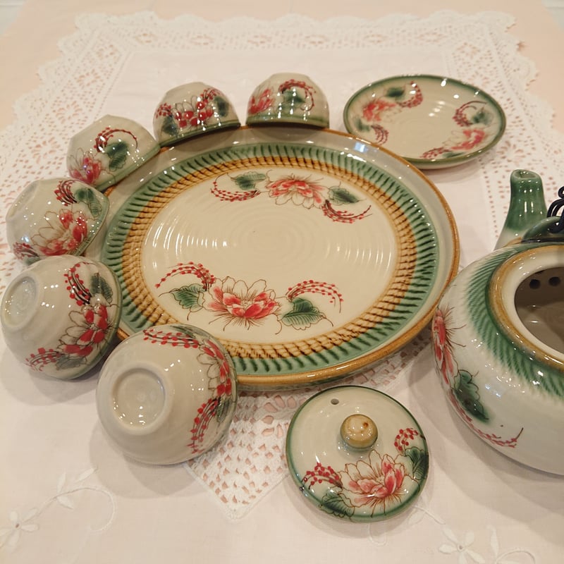 陶磁器 食器セット ベトナム★バッチャン焼★未使用品 ベトナム バッチャン焼き 茶器セット 蓮花 青色 | Ethnic Tea Salon