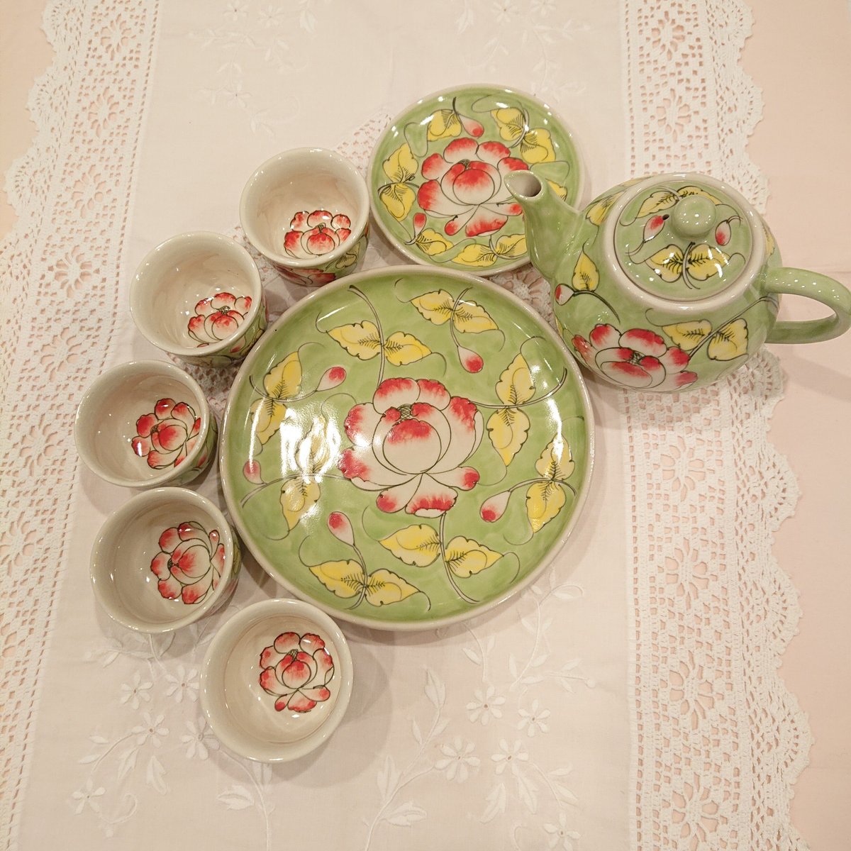 ベトナム バッチャン焼き 茶器セット 芙蓉 グリーン | Ethnic Tea Salon