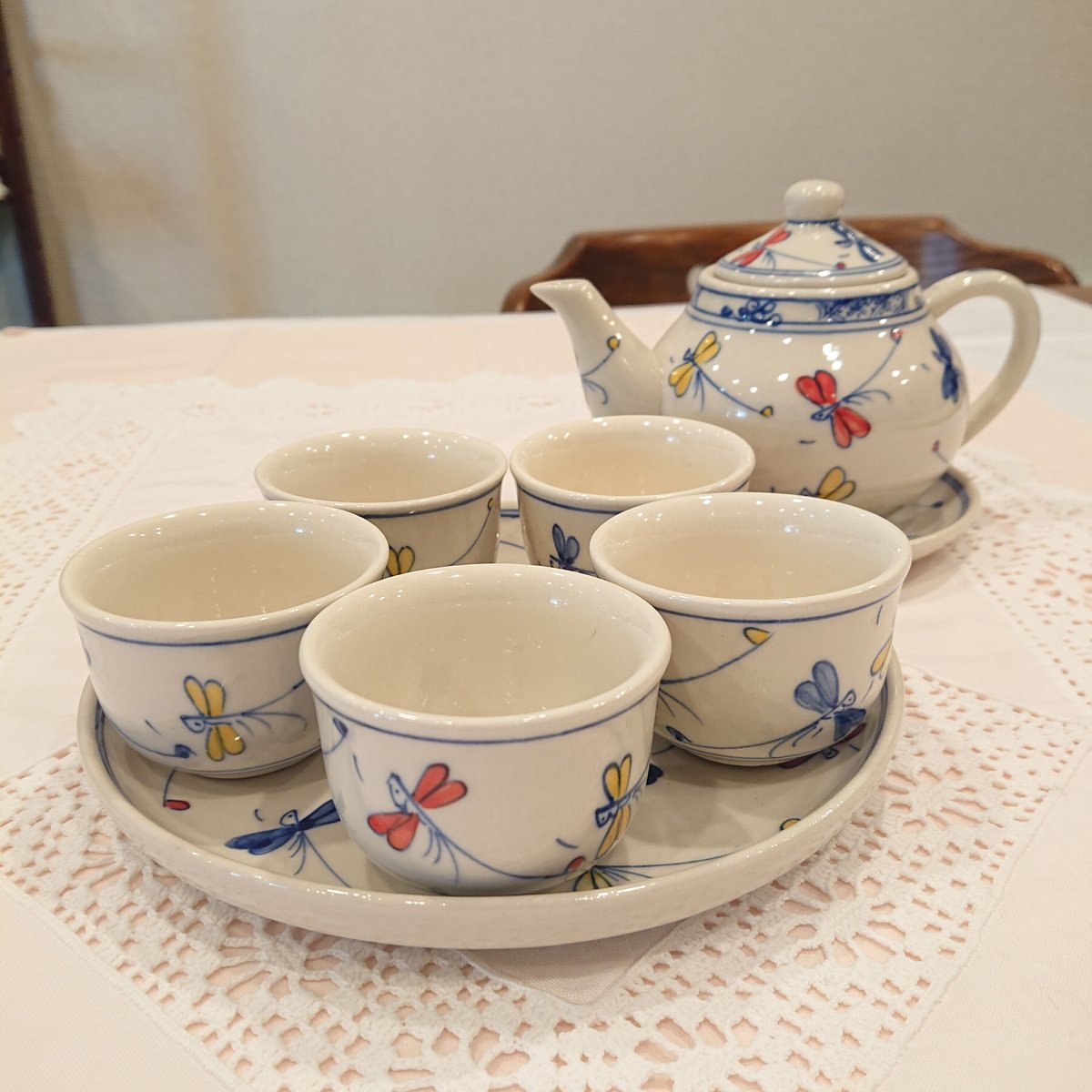 ベトナム バッチャン焼き 茶器セット 幸せを運ぶとんぼ絵 青
