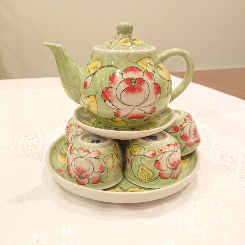 ベトナム バッチャン焼き 茶器セット 芙蓉 グリーン | Ethnic ベトナム バッチャン焼き 茶器セット 芙蓉 グリーン | Ethnic