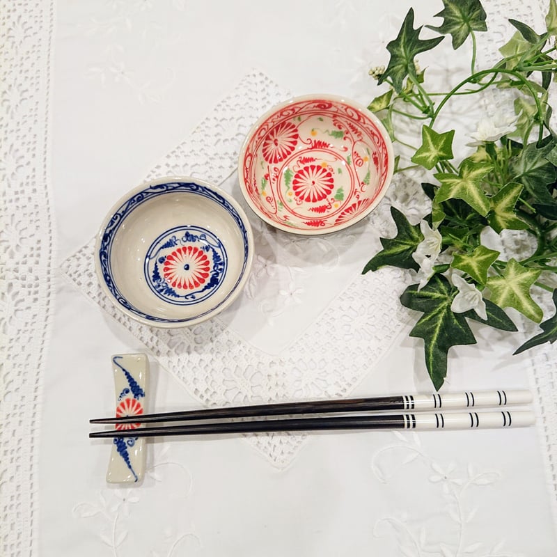 バッチャン焼き 小椀皿 菊柄 青色2個セット | Ethnic Tea Salon