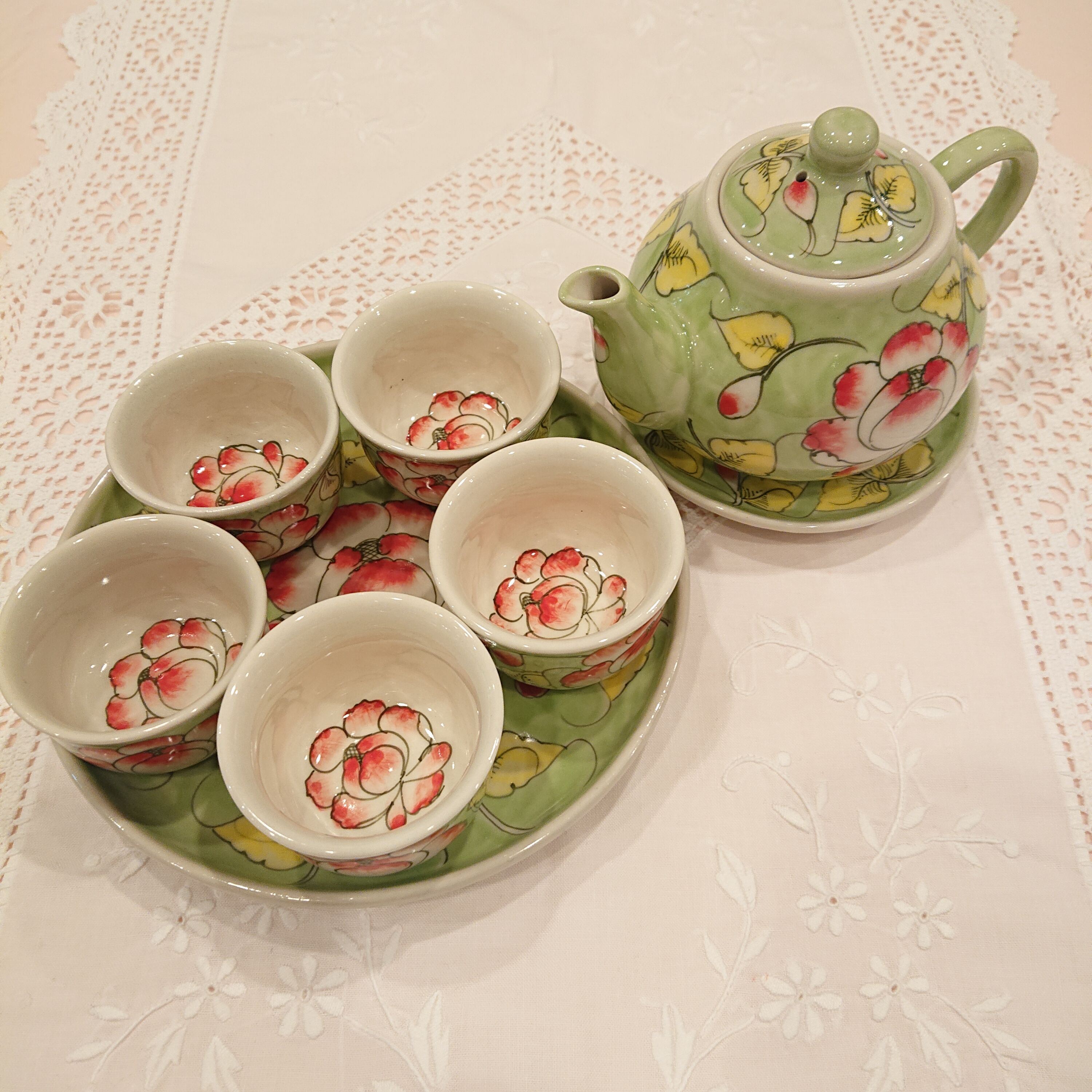 ベトナム バッチャン焼き 茶器セット 芙蓉 グリーン | Ethnic Tea Salon