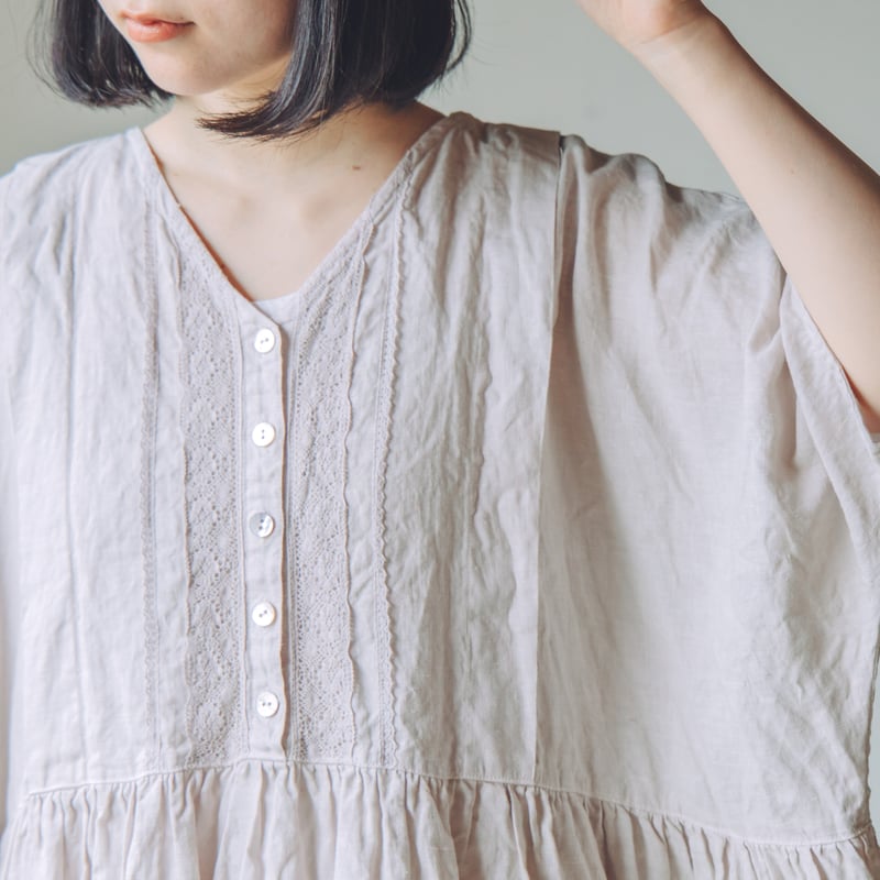 Wレースとタック半袖ワンピース / 手染 gray 【web価格
