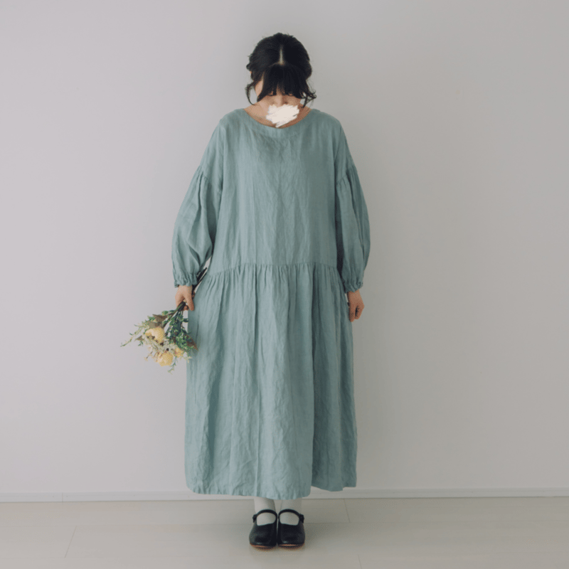 バルーンスリーブワンピース / 手染 ユーカリ | Momono-hana