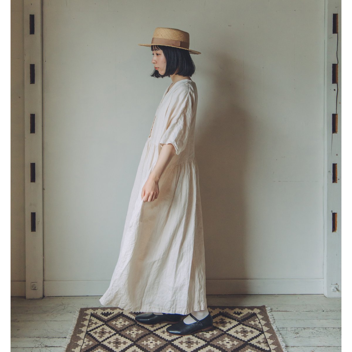 Wレースとタック半袖ワンピース / 手染 ivory 【web価格