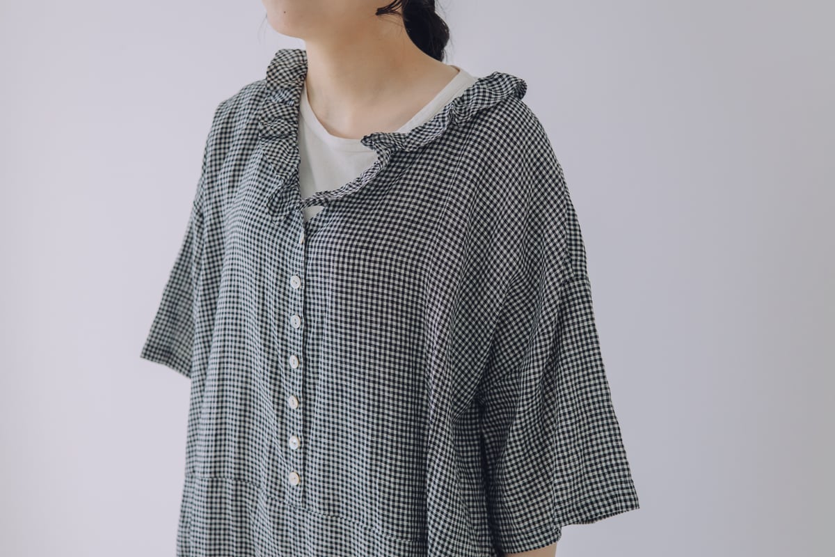 限定5点 Vあきフリルのオールインワン / 3mm ギンガムチェックlinen