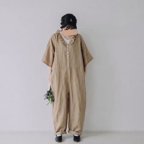 Vあきフリルのオールインワン  /  シーチングlinen  BEG
