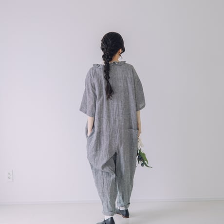 限定5点　Vあきフリルのオールインワン  /  3mm ギンガムチェックlinen