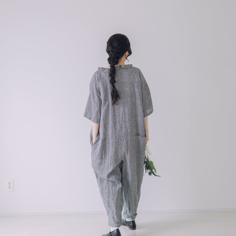 限定5点 Vあきフリルのオールインワン / 3mm ギンガムチェックlinen