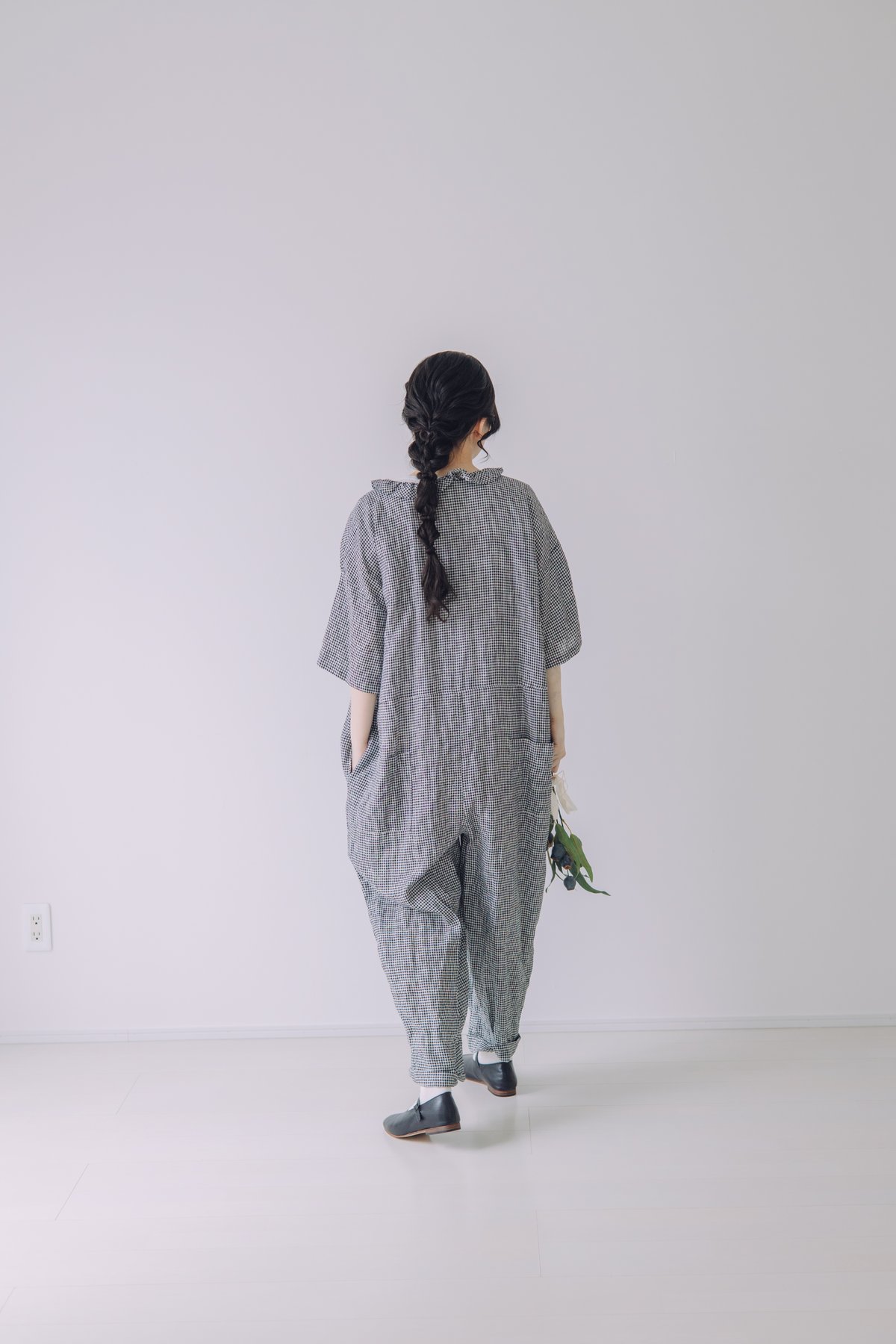 限定5点 Vあきフリルのオールインワン / 3mm ギンガムチェックlinen