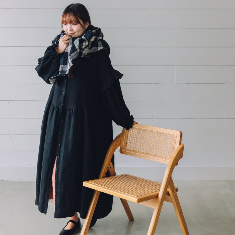フリルスリーブコート 長袖 wool混紡linenビエラ / black | Momono