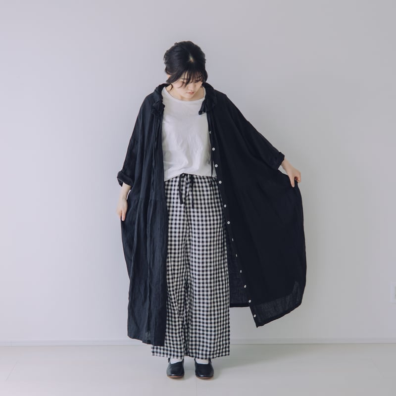 花びら襟ロングコート / フレンチリネン BK | Momono-hana