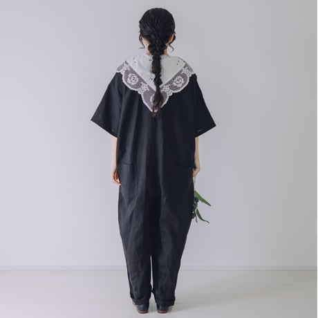Vあきフリルのオールインワン  /  シーチングlinen  BK
