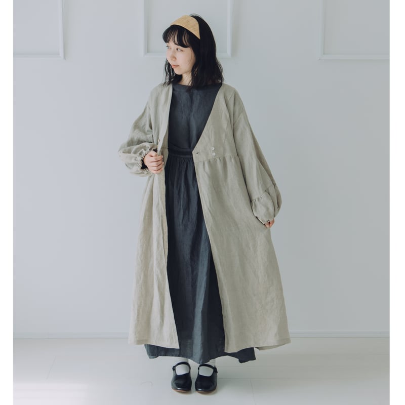 着物衿風カシュクールワンピース 長袖 / フレンチリネン60 KN | Momono