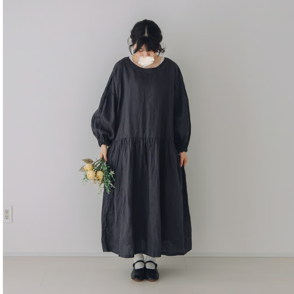 バルーンスリーブワンピース / 手染 チャコールグレー | Momono-hana バルーンスリーブワンピース / 手染 チャコールグレー | Momono-hana