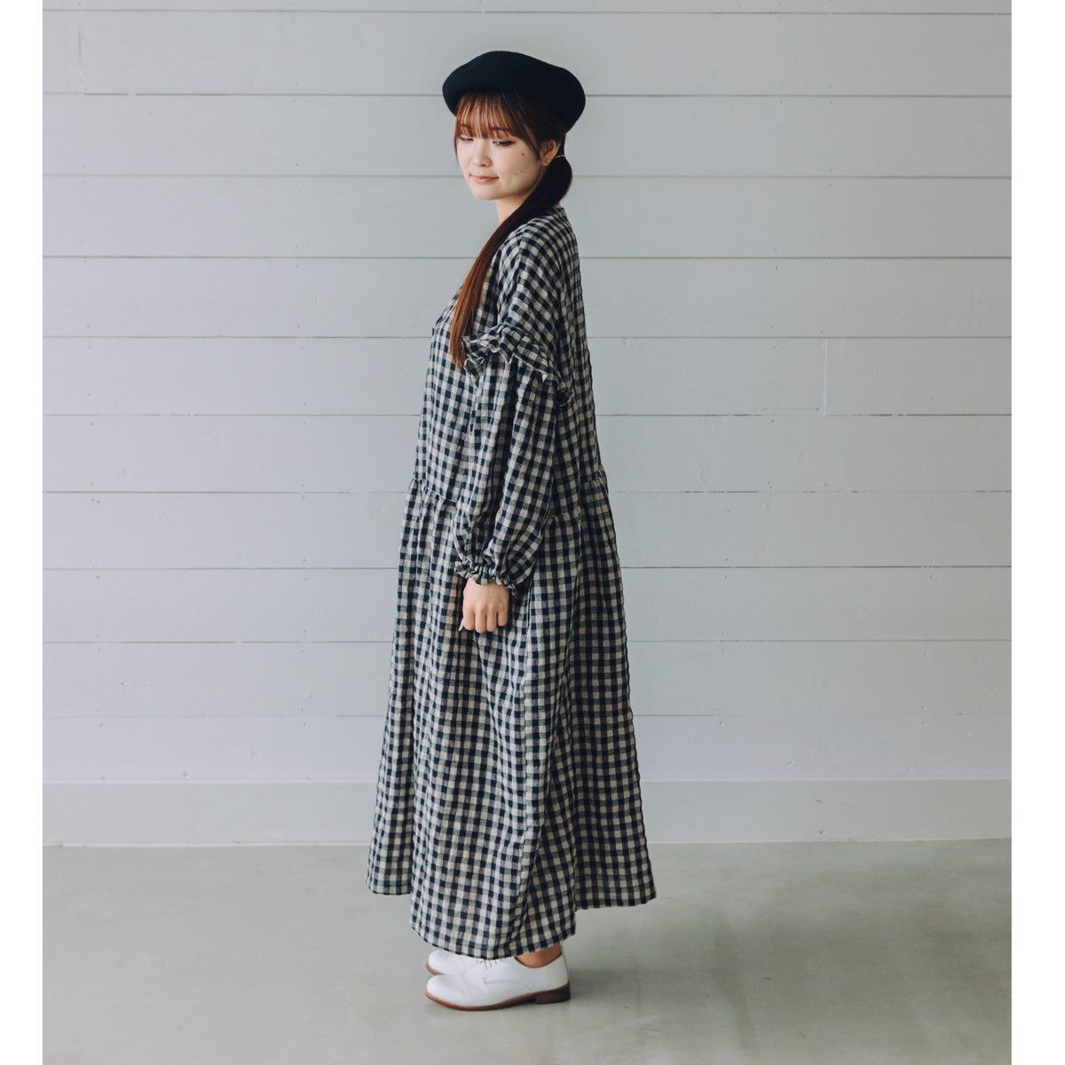 wool/cotton W切り替えフリルスリーブワンピース / ギンガム 【web価格