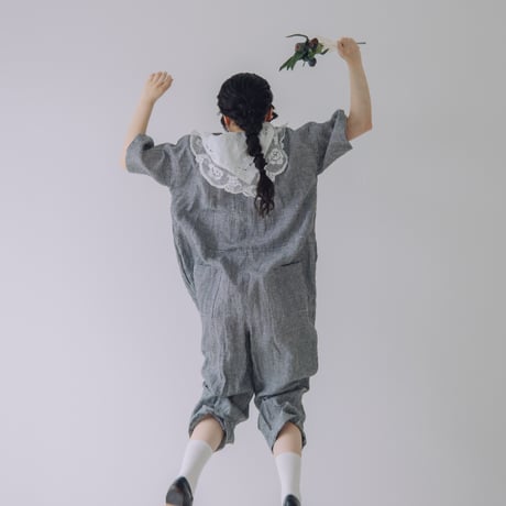 限定5点　Vあきフリルのオールインワン  /  3mm ギンガムチェックlinen