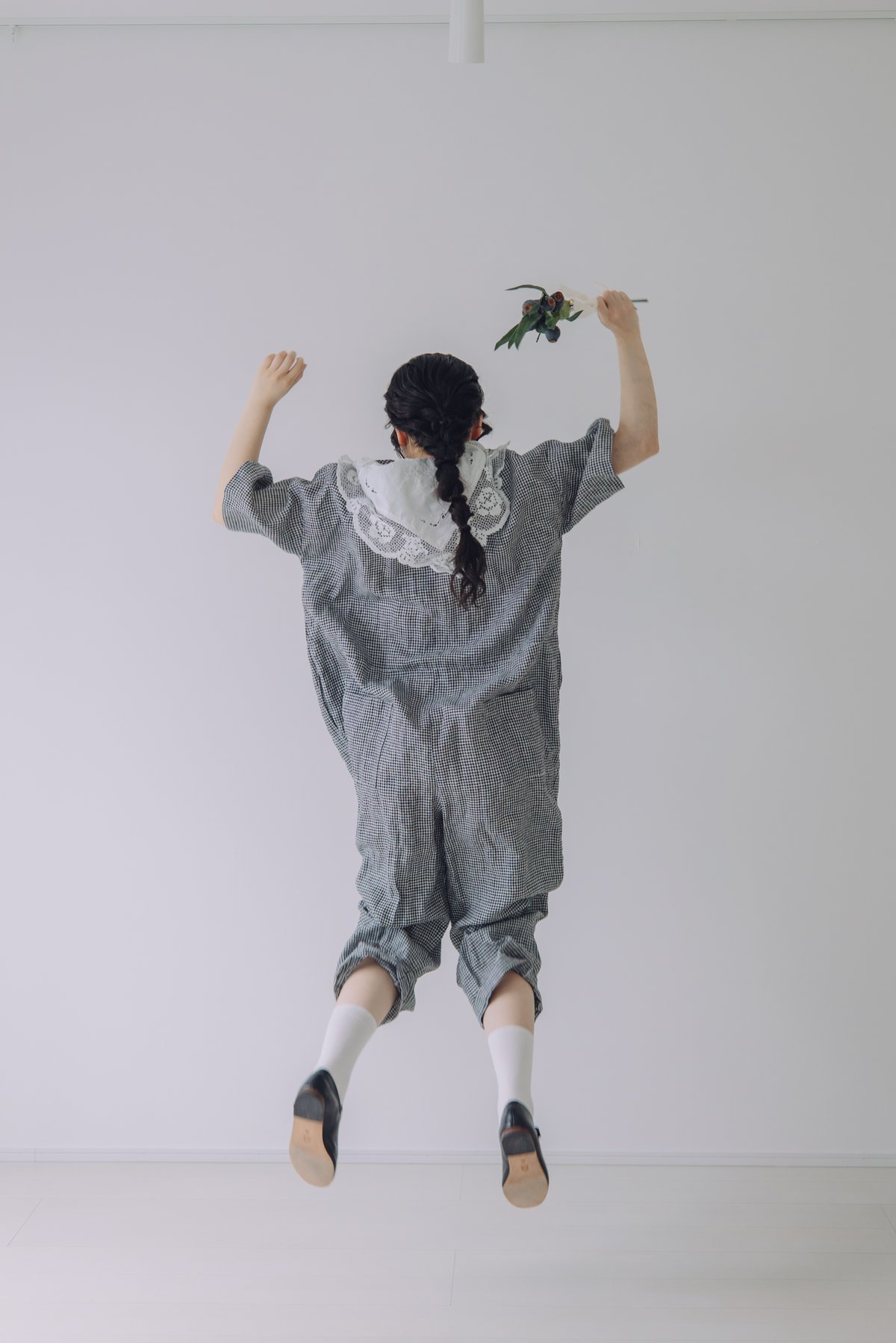 限定5点 Vあきフリルのオールインワン / 3mm ギンガムチェックlinen