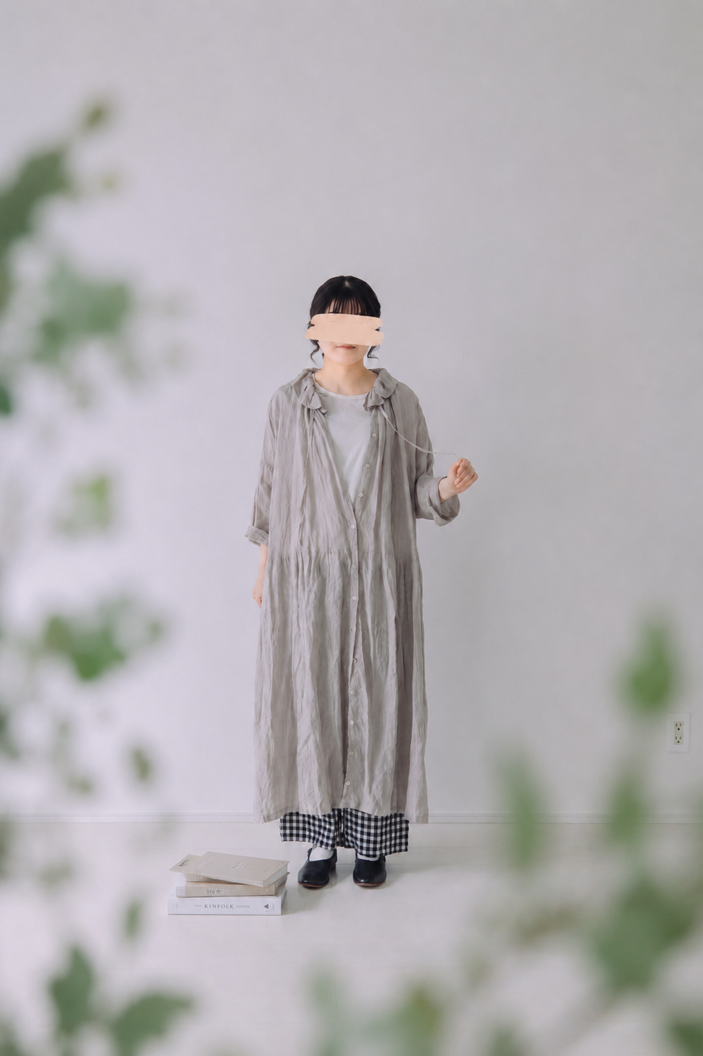 花びら襟ロングコート / フレンチリネン / GRY | Momono-hana