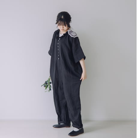 Vあきフリルのオールインワン  /  シーチングlinen  BK