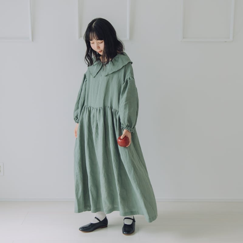 1枚襟のワンピース 長袖 ブロード / GRN | Momono-hana