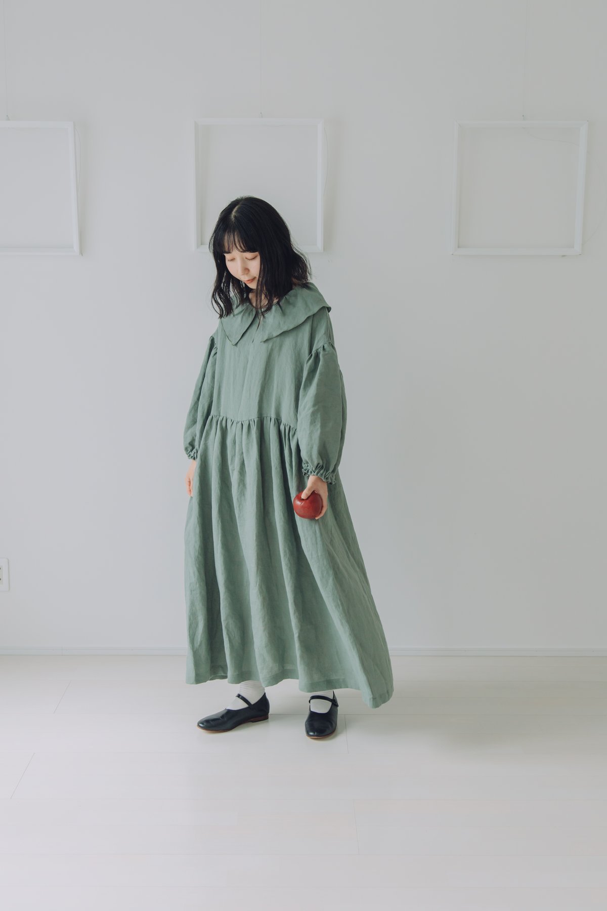 1枚襟のワンピース 長袖 ブロード / GRN | Momono-hana