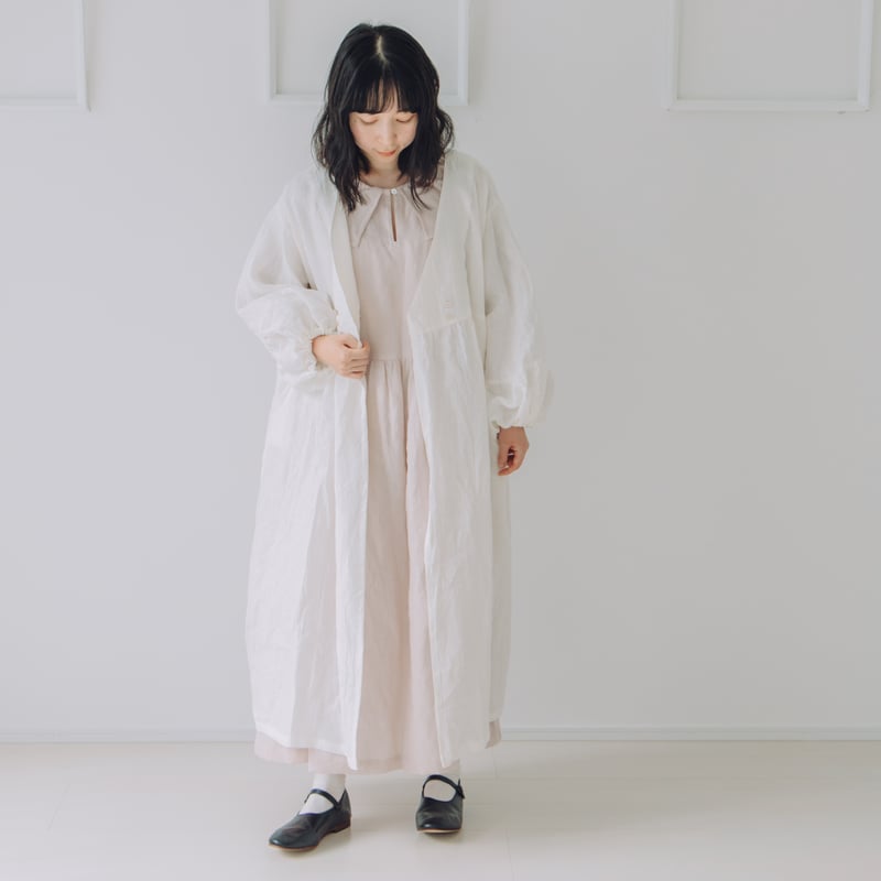 着物衿風カシュクールワンピース 長袖 / フレンチリネン60 OW | Momono