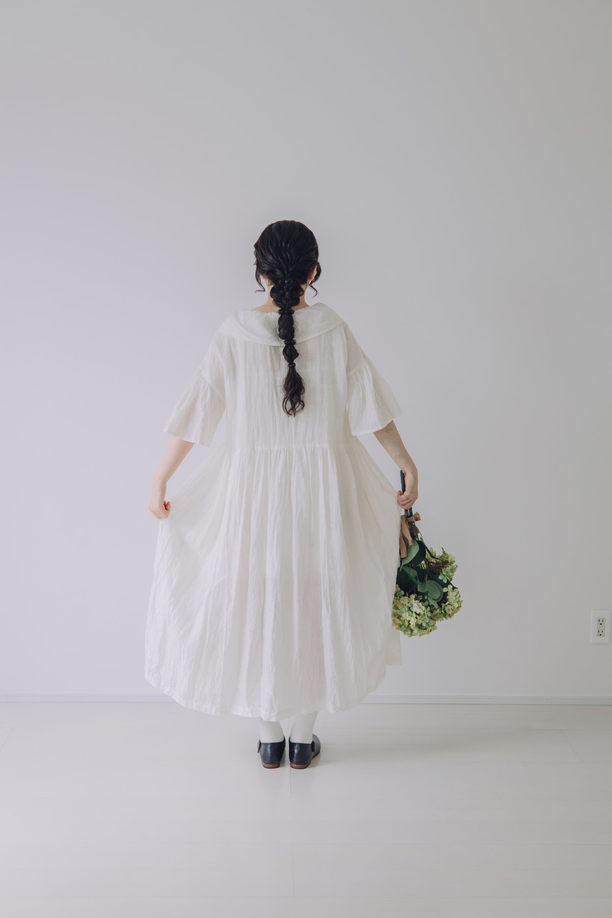 momono hana リネン着物衿ワンピース 1枚襟のワンピース半袖 / フレンチリネン / OW | Momono-hana