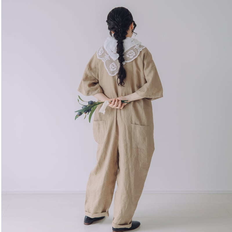 Vあきフリルのオールインワン / シーチングlinen BEG | Momono-hana