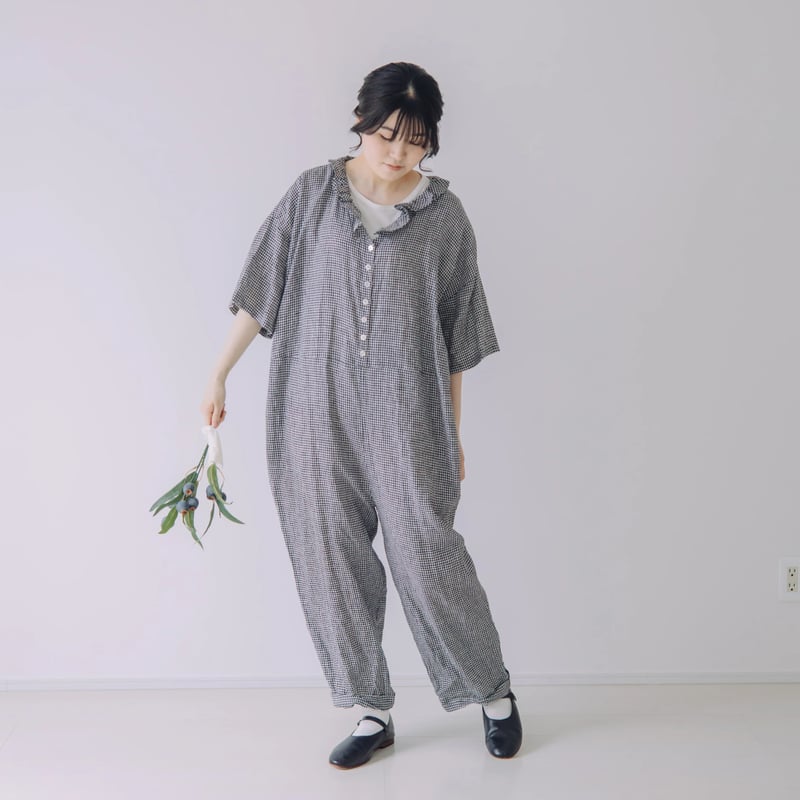 限定5点 Vあきフリルのオールインワン / 3mm ギンガムチェックlinen