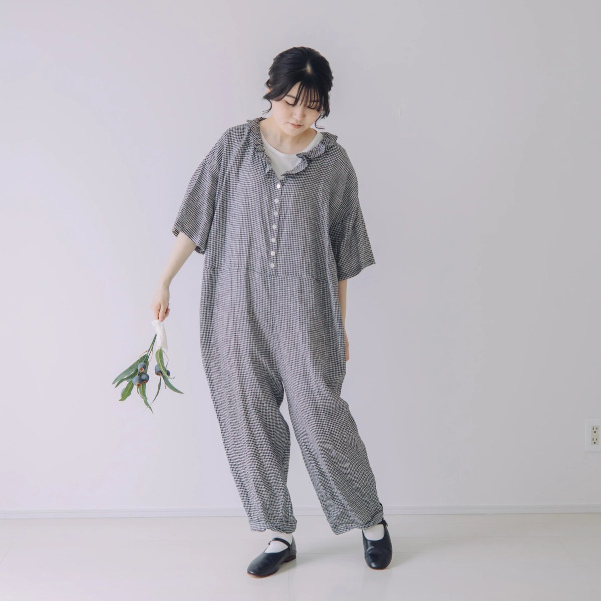 限定5点 Vあきフリルのオールインワン / 3mm ギンガムチェックlinen