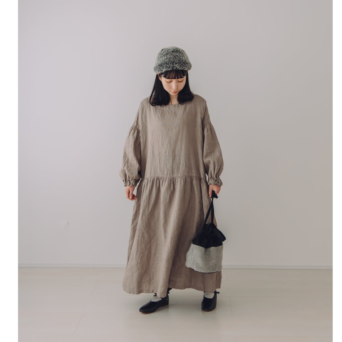 バルーンスリーブワンピース / 手染 カフェオレ | Momono-hana