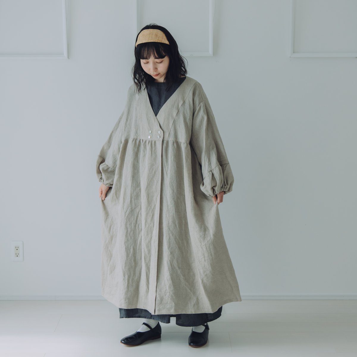 着物衿風カシュクールワンピース 長袖 / フレンチリネン60 KN | Momono