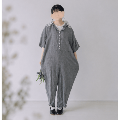 限定5点　Vあきフリルのオールインワン  /  3mm ギンガムチェックlinen