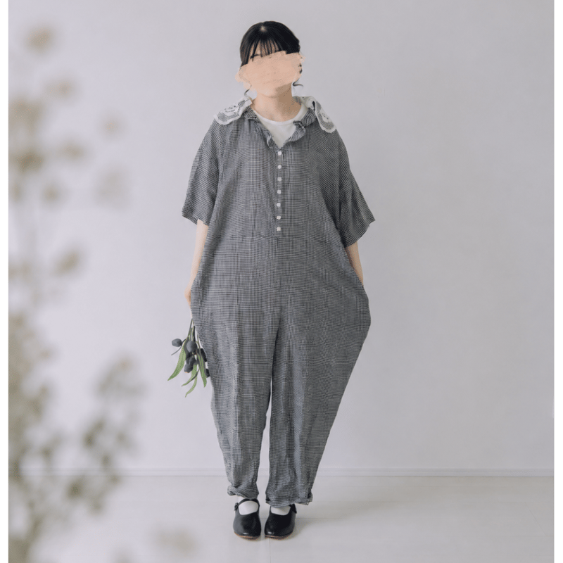 限定5点 Vあきフリルのオールインワン / 3mm ギンガムチェックlinen