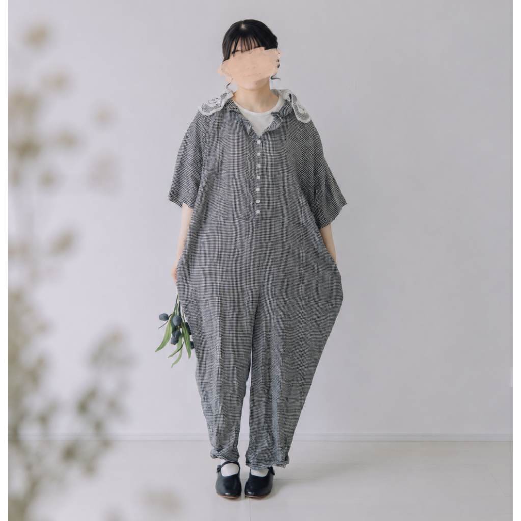 限定5点 Vあきフリルのオールインワン / 3mm ギンガムチェックlinen