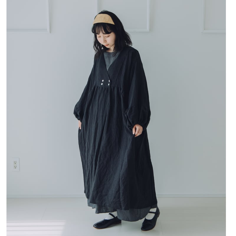 着物衿風カシュクールワンピース 長袖 / フレンチリネン60 BLK