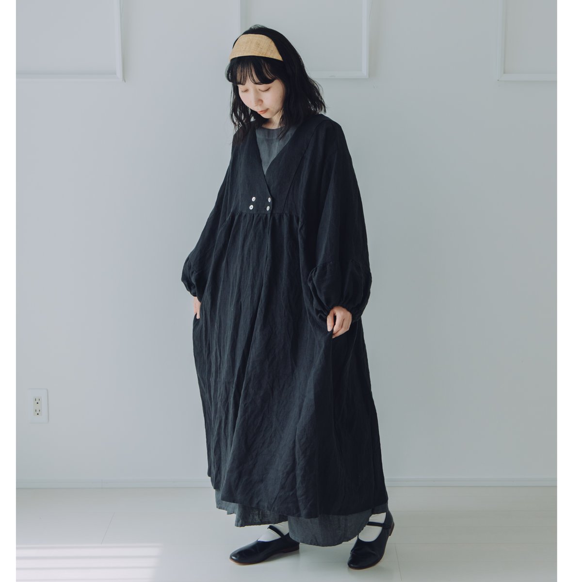 着物衿風カシュクールワンピース 長袖 / フレンチリネン60 BLK