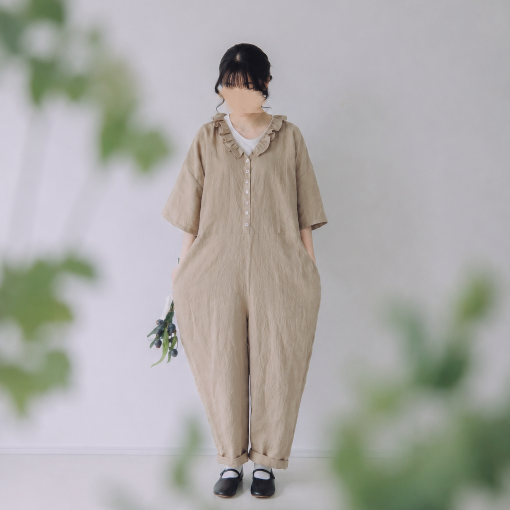 Vあきフリルのオールインワン / シーチングlinen BEG | Momono-hana