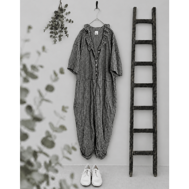先行予約販売 Vあきフリルのオールインワン/ギンガムチェックlinen