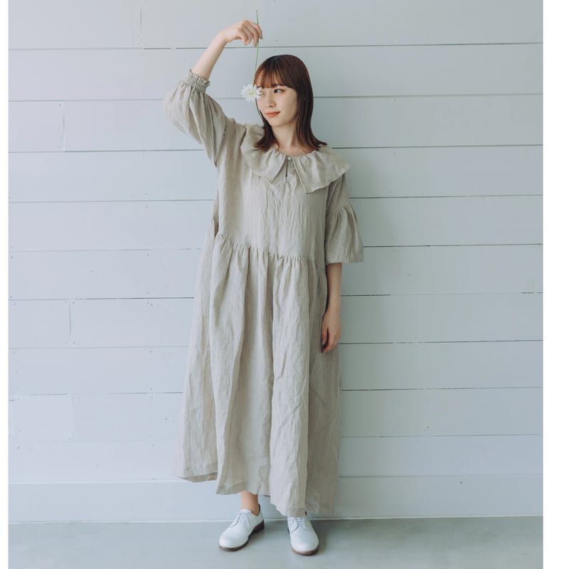 D.M.G ⿻ フレンチリネン ちび襟 ワンピース 黄色 体型カバー ナチュラル D.M.G ⿻ フレンチリネン ちび襟 ワンピース 黄色 体型カバー