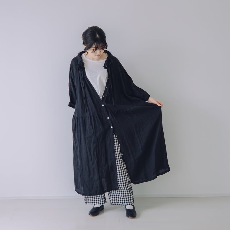 denierデニール リネンブラックコートフード付き羽織り黒 フリーサイズ日本製 花びら襟ロングコート / フレンチリネン BK | Momono-hana