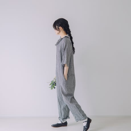 限定5点　Vあきフリルのオールインワン  /  3mm ギンガムチェックlinen