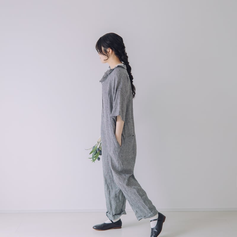 限定5点 Vあきフリルのオールインワン / 3mm ギンガムチェックlinen