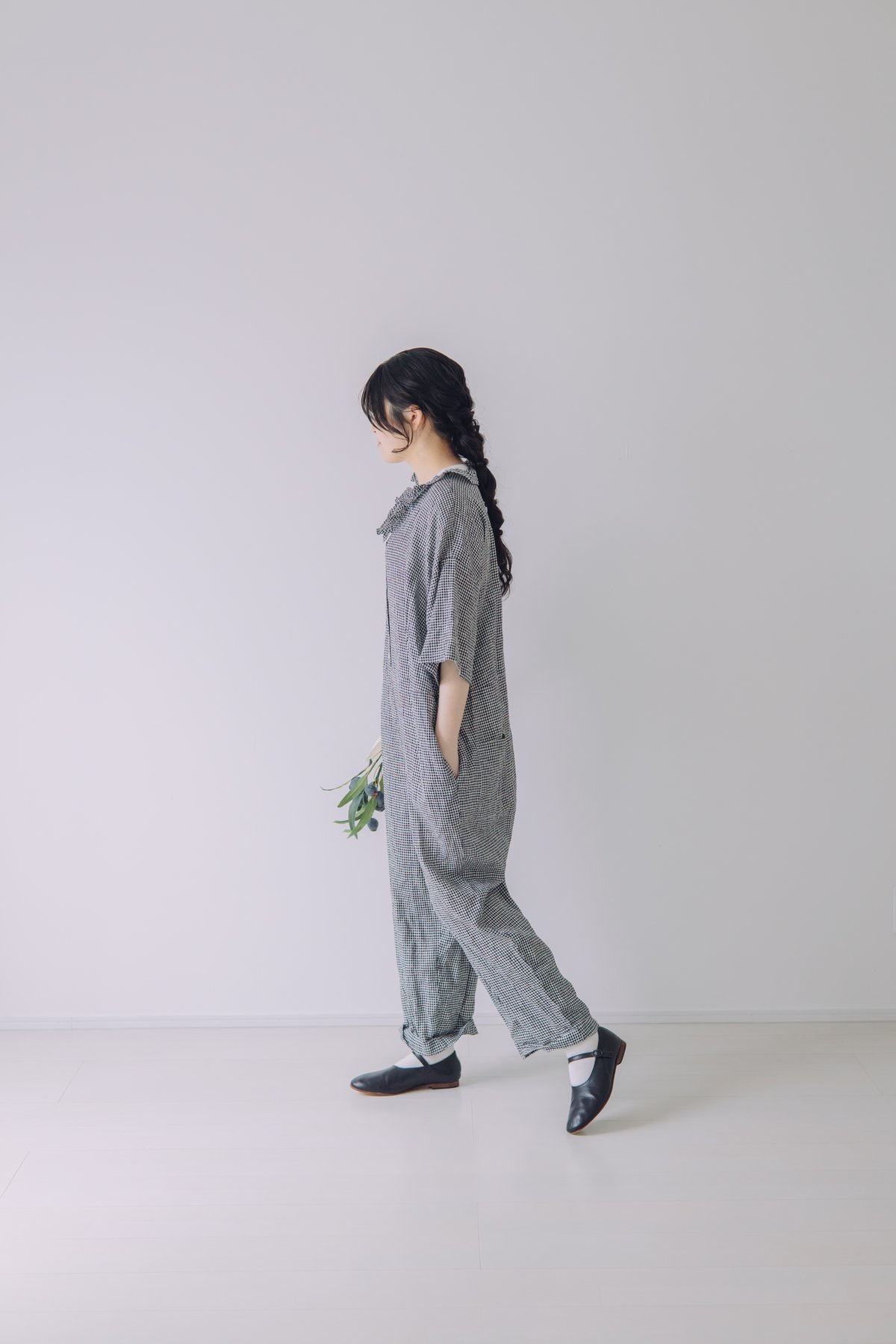 限定5点 Vあきフリルのオールインワン / 3mm ギンガムチェックlinen